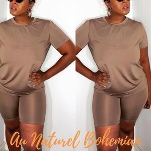 Brown Bohemian Casual Short Sleeve Top and Shorts Set Size Medium